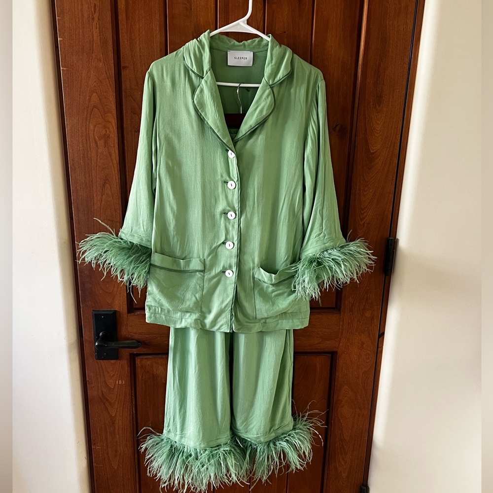 Sleeper Green Feather Trim Pajama Set